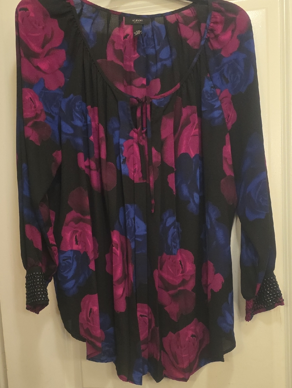 Alfani Black Floral Tie-Neck Tunic with Pink & Blue Roses